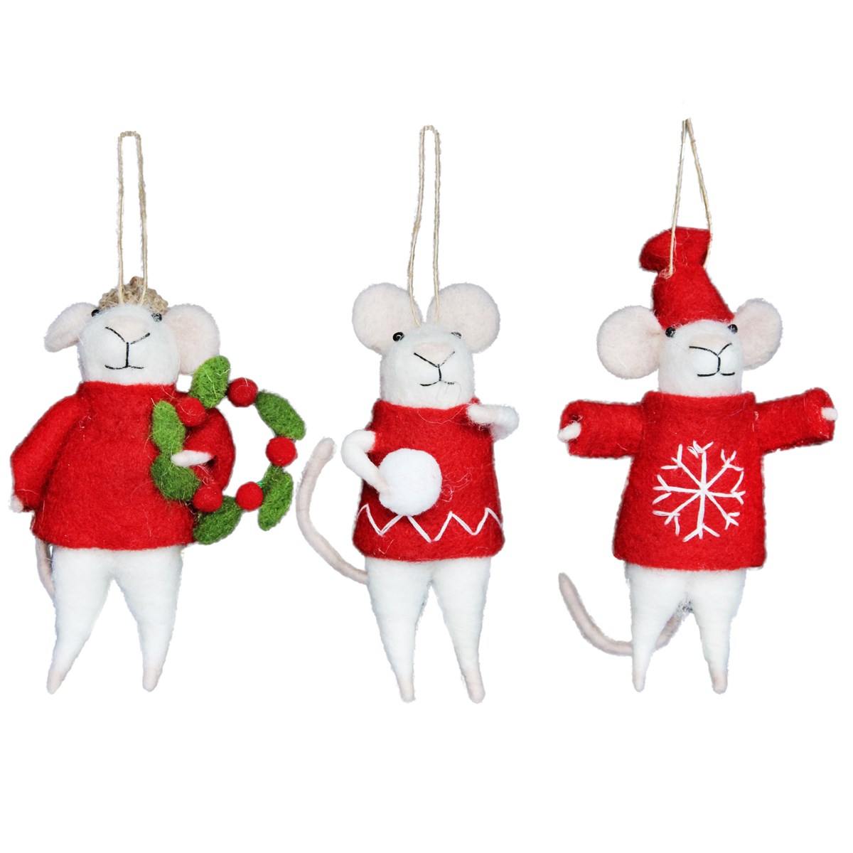 Red and white wool mice hanging Christmas decoration. By Gisela Graham. The perfect festive addition to your home.